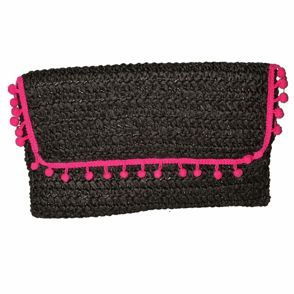 Bay Sky Black Woven Raffia Envelope Clutch Hot Pink Pom Po. Trim Boho